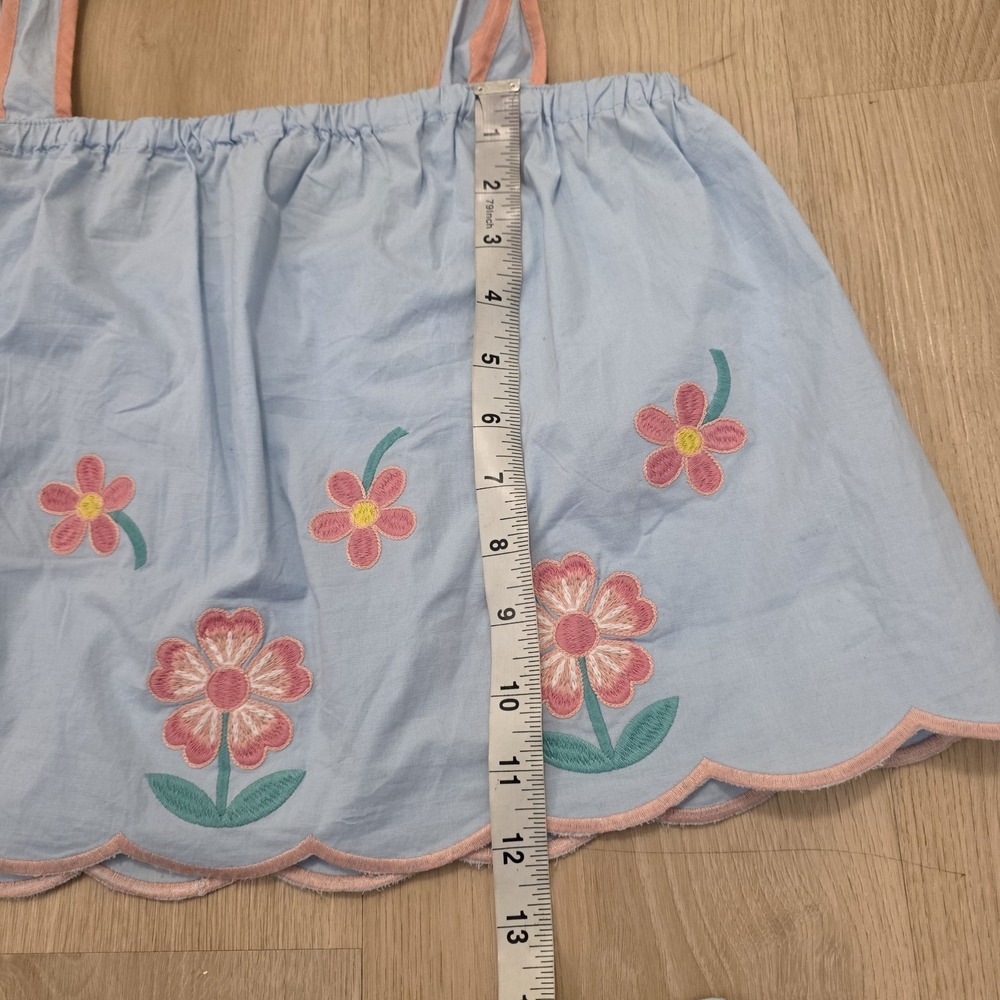 So Me Blue Pink Flower Embroidered Scalloped Summer Crop Top & Shorts Set Size L - Picture 3 of 10